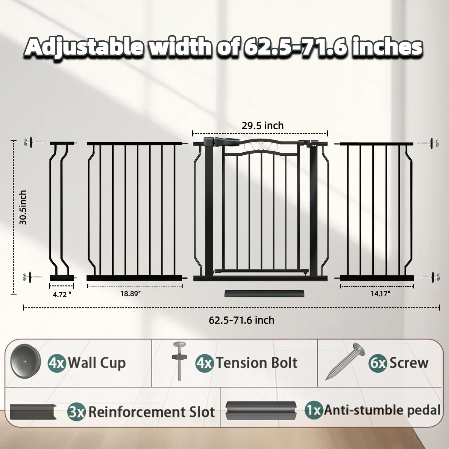 62.5"-71.6" Extra Wide Baby Gate for Doorways No Drill, Pressure Mounted Dog Gate Indoor, Walk Thru Pet Gate for Cat Dog Child,Pet Gates for The House Doorway Black