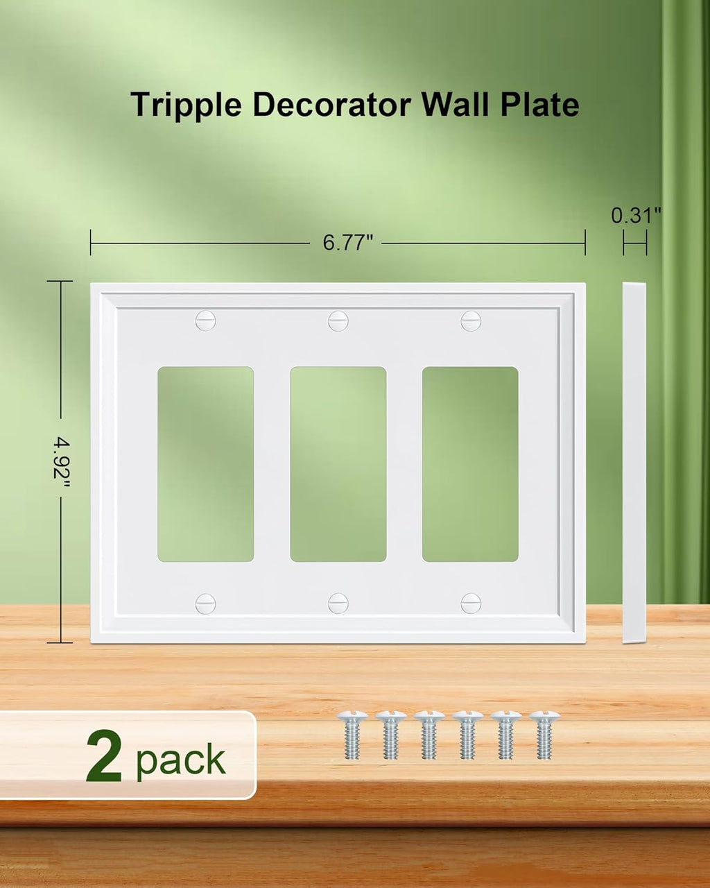 2-Pack Triple Decorator Outlet Cover Plate, White Decorative Switch Plates and Outlet Covers, Natural Bamboo Fiber Wall Plates for Electrical Outlets, Receptacle, GFCI Outlet, Dimmer Switch