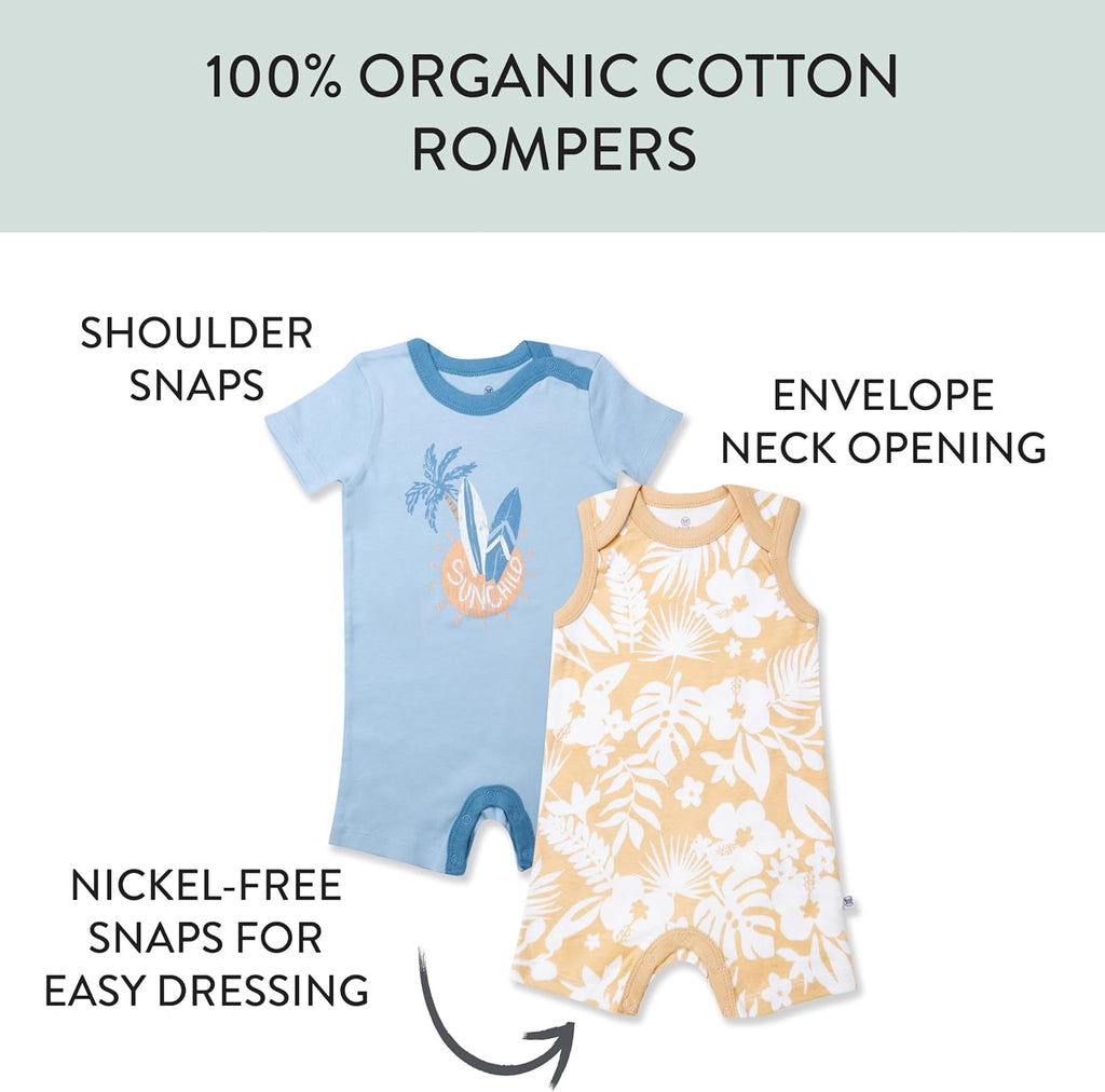 HonestBaby Short Sleeve and Tank Romper 100% Organic Cotton for Infant Baby and Toddler Boys