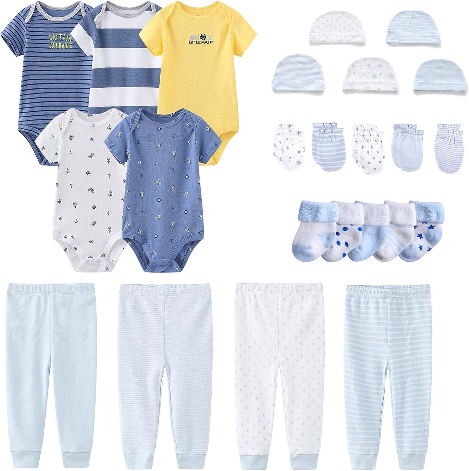 Newborn Layette Gift Set Bodysuits Pants for Baby Girl and Boy 24 Piece 100% Cotton Essentials and Accessories