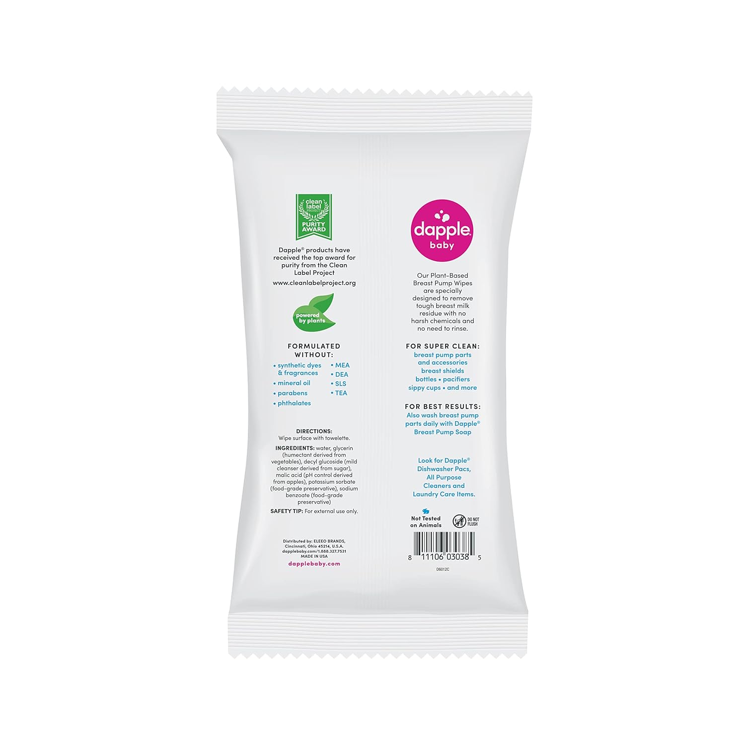 Dapple Breast Pump Wipes, Powered by Plants, Hypoallergenic, Removes Milk Residue, Fragrance Free, Convenient Wipes Pouch, 25 Count (2 Pack)