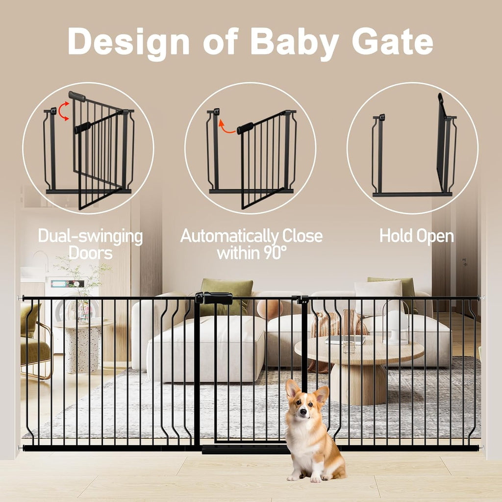 WAOWAO Baby Gate 100-109.42" Extra Wide Pressure Mounted Walk Through Swing Auto Close Safety Black Metal Toddler Kids Child Dog Pet Puppy for Stairs,Doorways,Kitchen