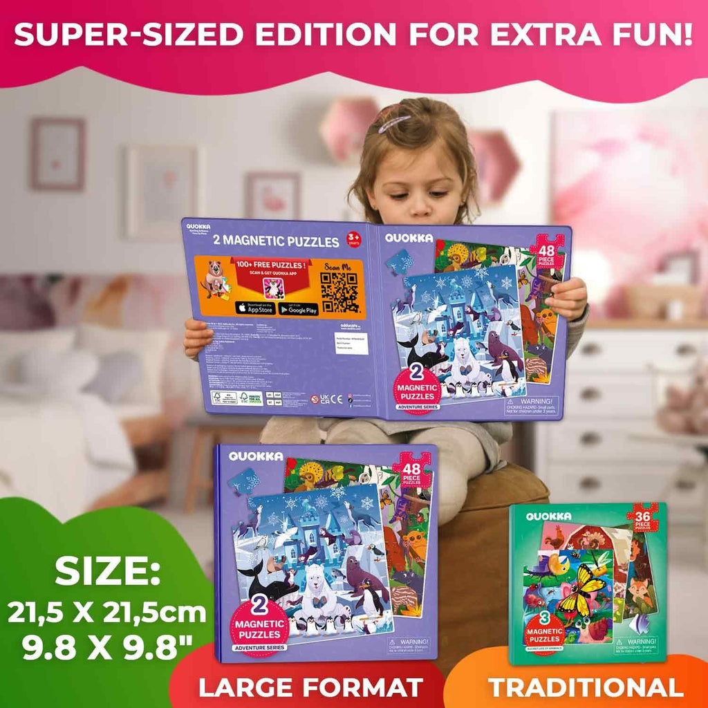 QUOKKA Magnetic Toddler Puzzles Ages 4-6 - 2x48 Travel Puzzles Games for Kids 3-5 Years Old - Activities Car Toy for Boys and Girls 2-4 yo - Polar & Jungle Animals Learning Magnet for Road Trip