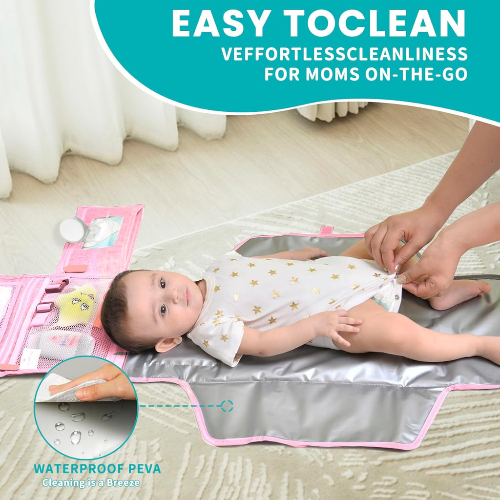 Portable Diaper Changing Pad - Baby Diaper Changer Travel Bag with Wipes Pocket, Smart Design Portable Changing Mat, Infant Travel Station Kit, Gift for Newborn Girl & Boy (Pink)
