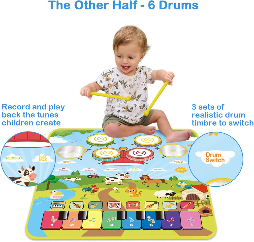 Foki 3-in-1 Musical Mats, Child Floor Piano Drum Animal Music Play Mat Montessori Sensory Early Educational Musical Learning Toys for Baby Girls Boys Birthday Toddlers 1-5 Years Old
