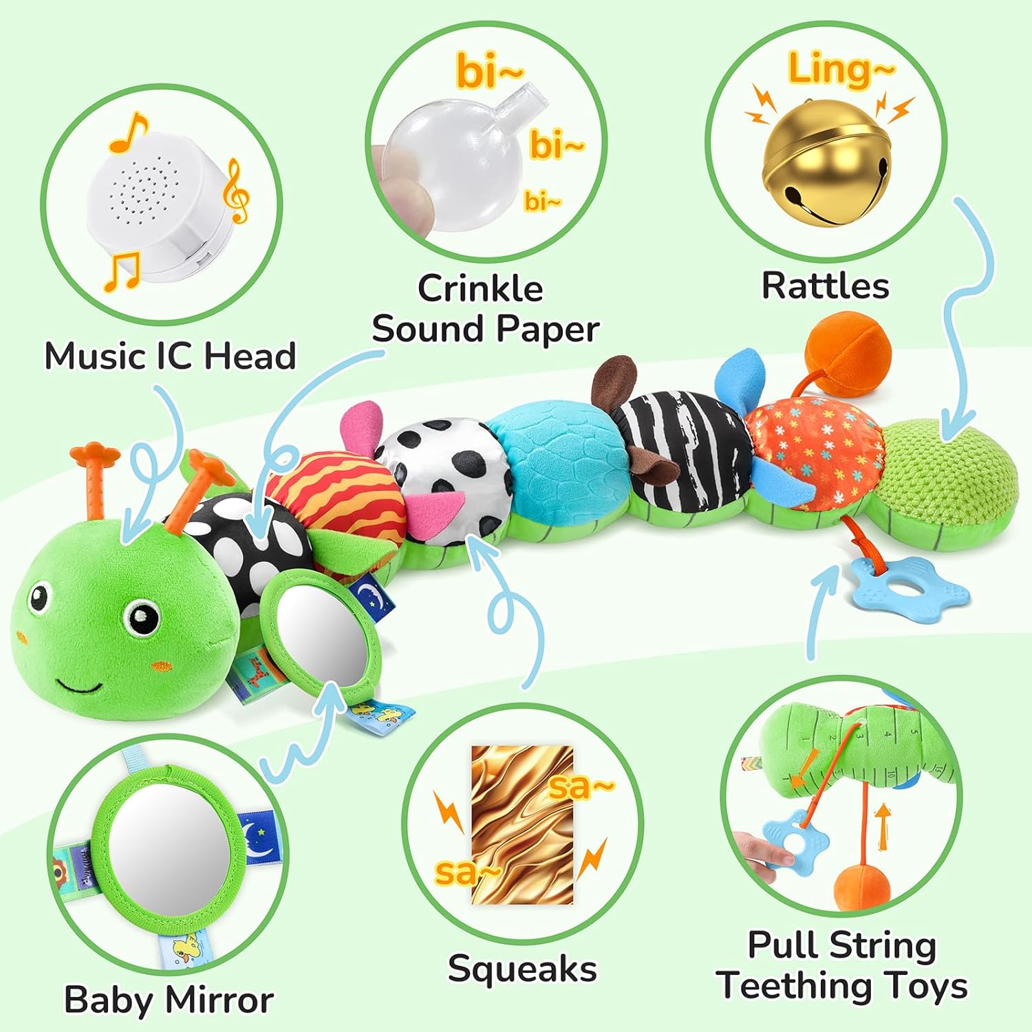 Baby Toys 6-12 Months Music Caterpillar Infant Toys Stuffed Animals 0-3-6 Months Tummy Time Teething Sensory Toys with Mirror Rattle&Pull String for Boys Girls Birthday Gifts|Grass Green,Leafy