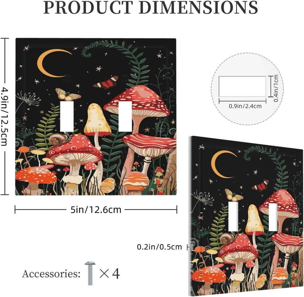 Moon Star Red Mushroom Forest Butterfly Green Plant Decorative Switch Plates 2 Gang Double Toggle Outlet Light Switch Cover Wall Plate Electrical Faceplate for Kids Room Home Decor