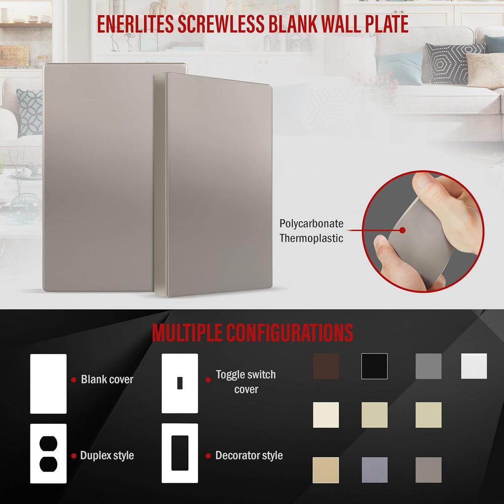 ENERLITES Screwless Blank Wall Plate, Child Safe Blank Device Outlet Cover, Standard Size, 1-Gang 4.68" x 2.93", Polycarbonate Thermoplastic, UL Listed, SI8801-NK, Nickel