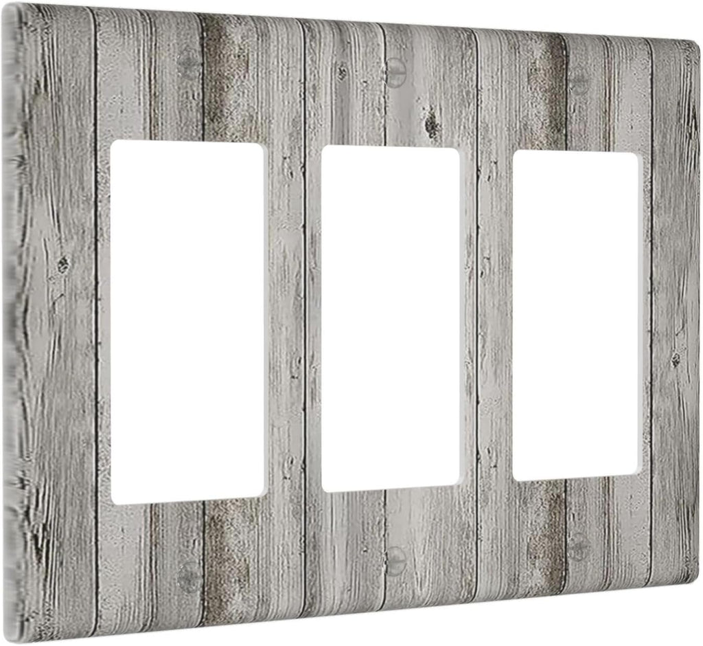 Light Switch Covers Farmhouse Rustic Grey Barn Door Wood 3 Gang Rocker Electrical GFCI Decorative Triple Outlet Wall Plate Cover Switchplate for Bedroom Cabin Decor