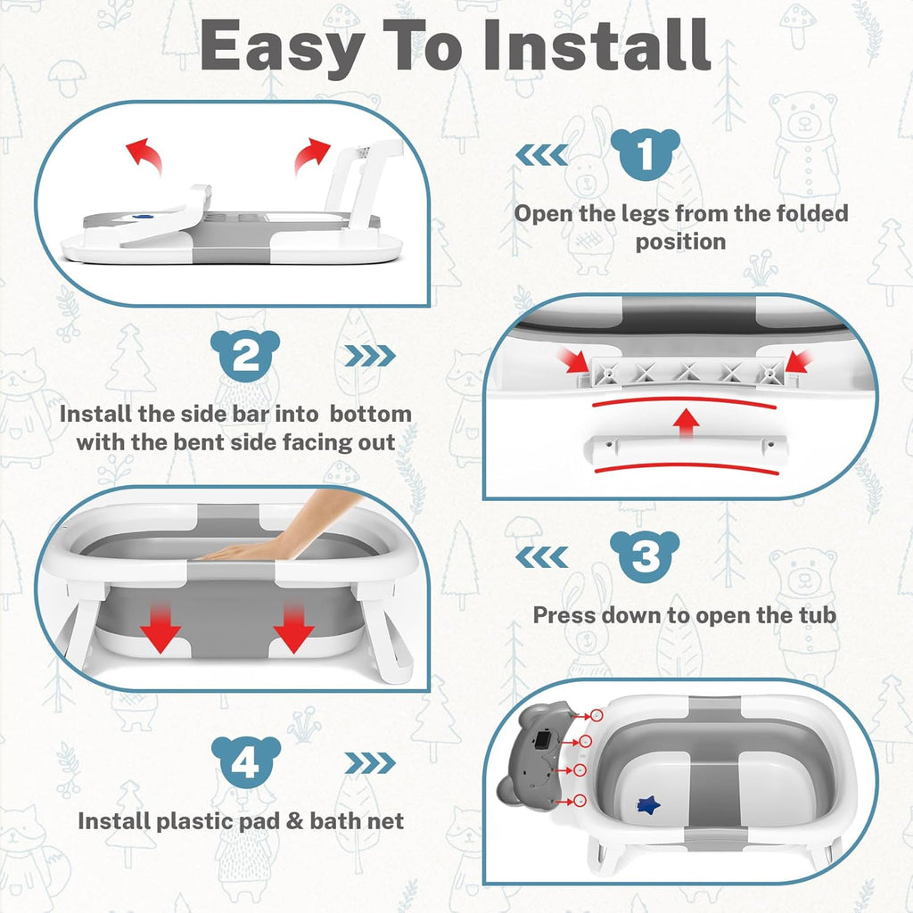 AVIDOR Baby Bathtub,Collapsible Bathtub for Newborn to Toddler,Durable Essential Infant Bath Tub,Portable Travel Baby Tub with Soft Cushion,No-Slip Hanging and Detachable(Grey)