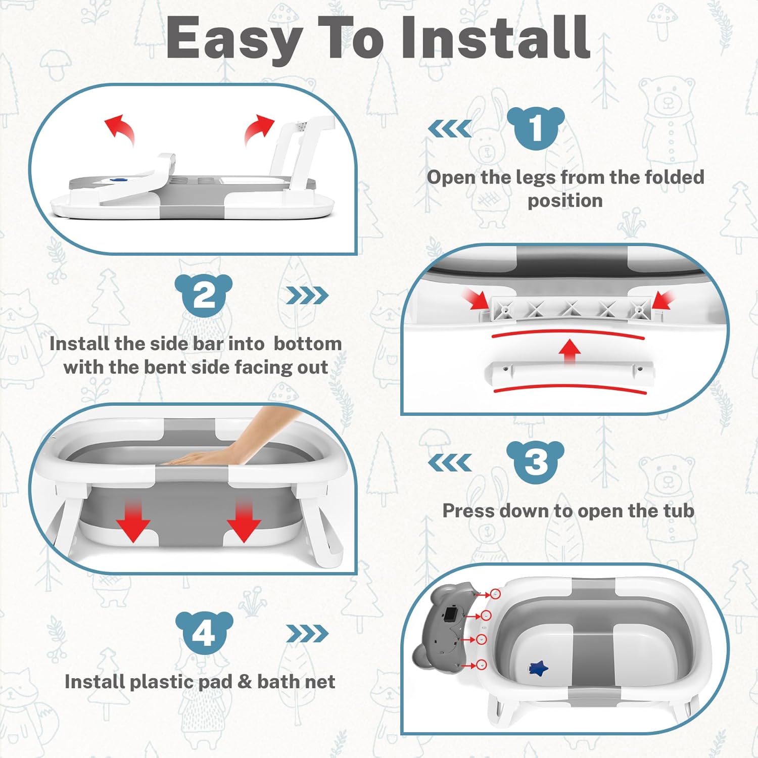 AVIDOR Baby Bathtub,Collapsible Bathtub for Newborn to Toddler,Durable Essential Infant Bath Tub,Portable Travel Baby Tub with Soft Cushion,No-Slip Hanging and Detachable(Grey)