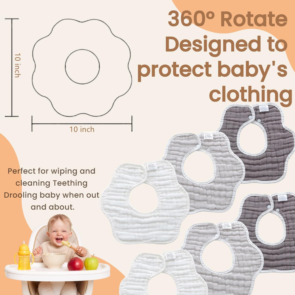 MUKIN Baby Drooling Towel, Snap Bibs, Muslin Bibs, 6 Pack, Adjustable, Soft Cotton