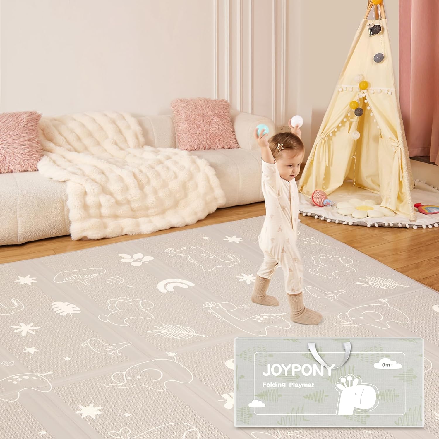 Baby Play Mat, 47 x 47 Inch Foldable Play Mats for Babies and Toddlers, Waterproof & Anti-Slip Portable Baby Floor Mat for Baby Playpen, Baby Mat for Floor with Travel Bag