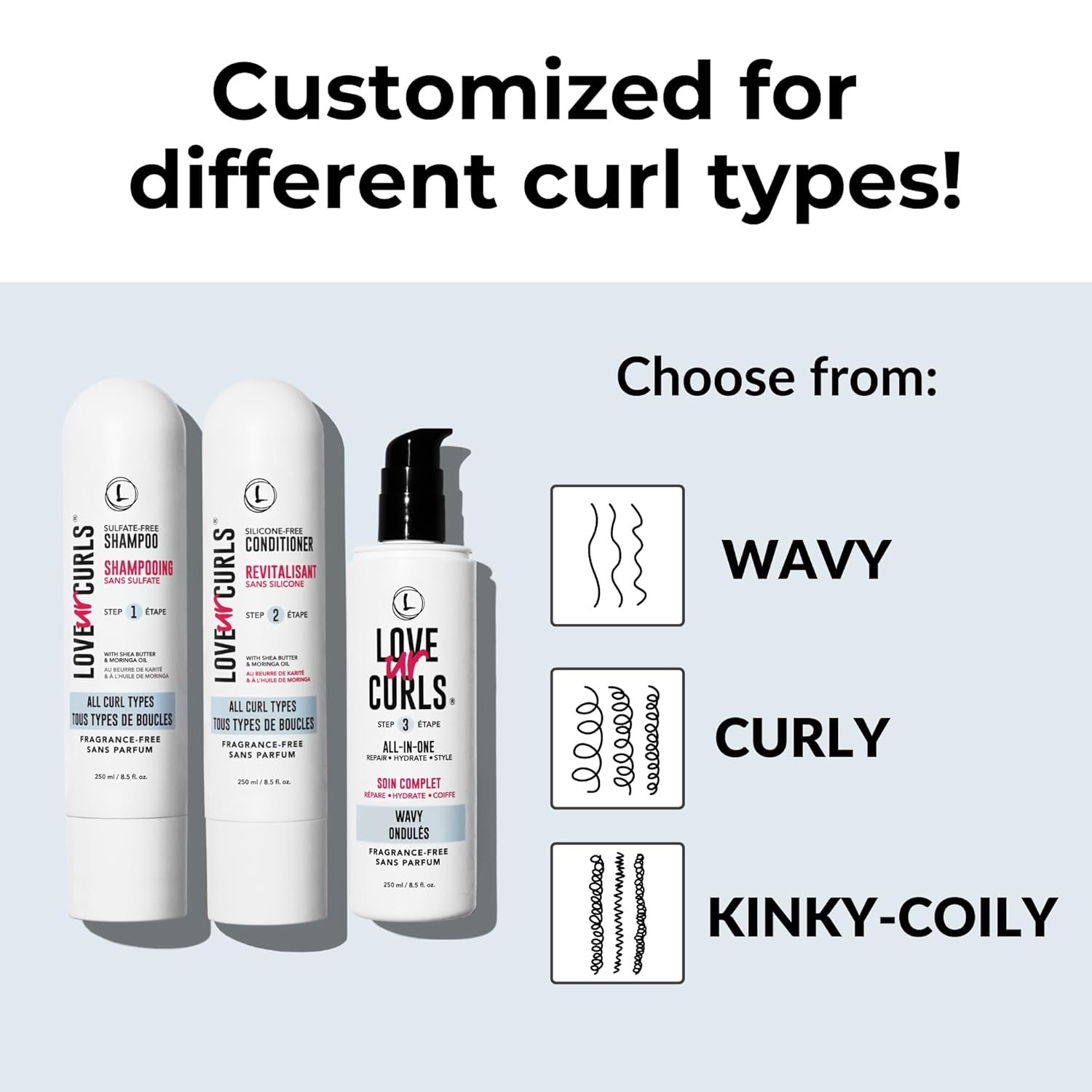 Love Ur Curls Fragrance Free Curly Shampoo and Conditioner Set with All in One Curl Cream Styler for Wavy Hair, 3 Step System to Repair, 200 mL