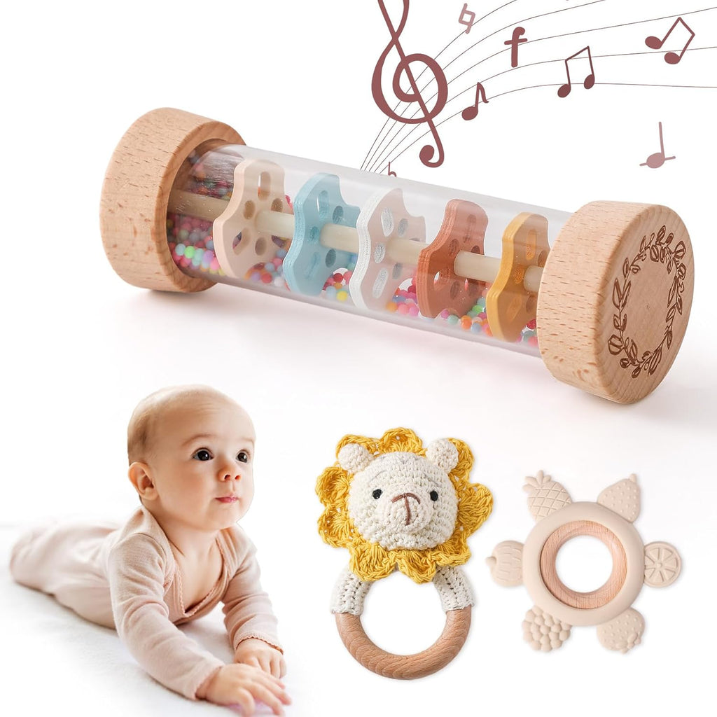Youuys Wooden Baby Rattle Set (3pcs) - Crochet Rattle Rain Stick Teething Toys, Wooden Montessori Toy for Newborn Infant Baby Rattles Set Toys 3-6-12 Months(Lion)