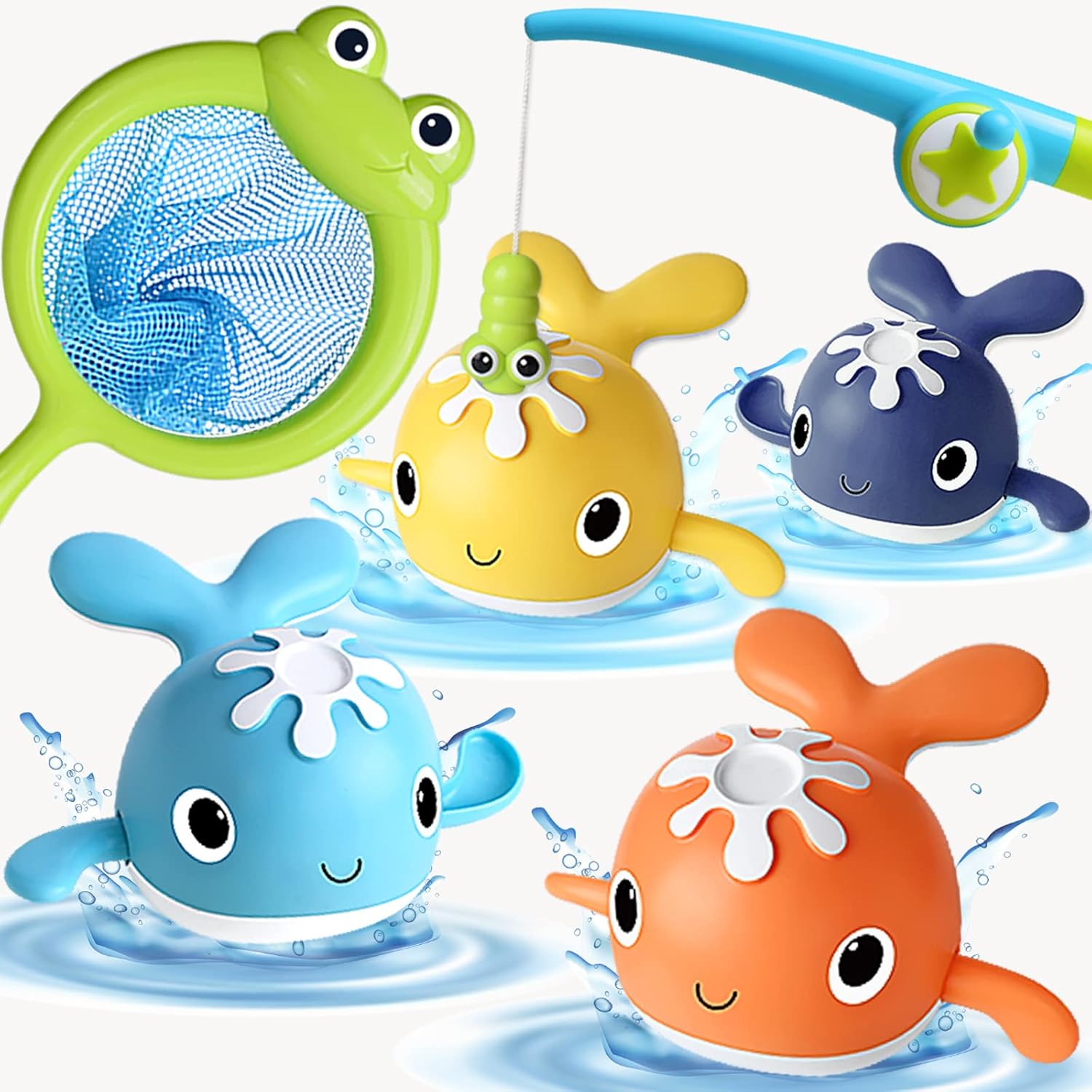 Magnet Fishing Game Bath Baby Toy for 1-3 4-8 Year Old Toddler Boys Girls,Gifts for Kid,Baby Bathtub Water Shower Pool Toys 18 Months+,4 Swimming Wind-up Whale&1 Fishing Pole&1 Net