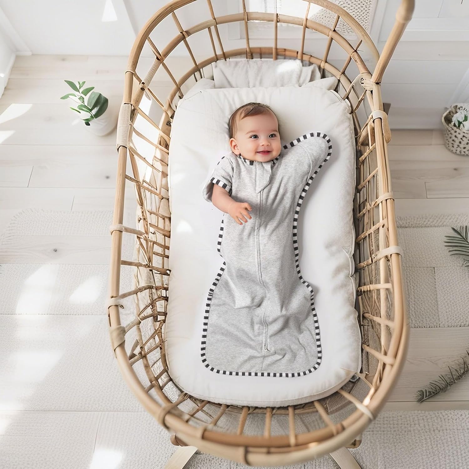 Transition Swaddle, 2 Pack 100% Cotton Baby Sleep Sack, 2-Way Zipper Infant Arm Up Swaddle for Newborn Baby Boys Girls (Light Green + Light Grey, M(3-6 Months))