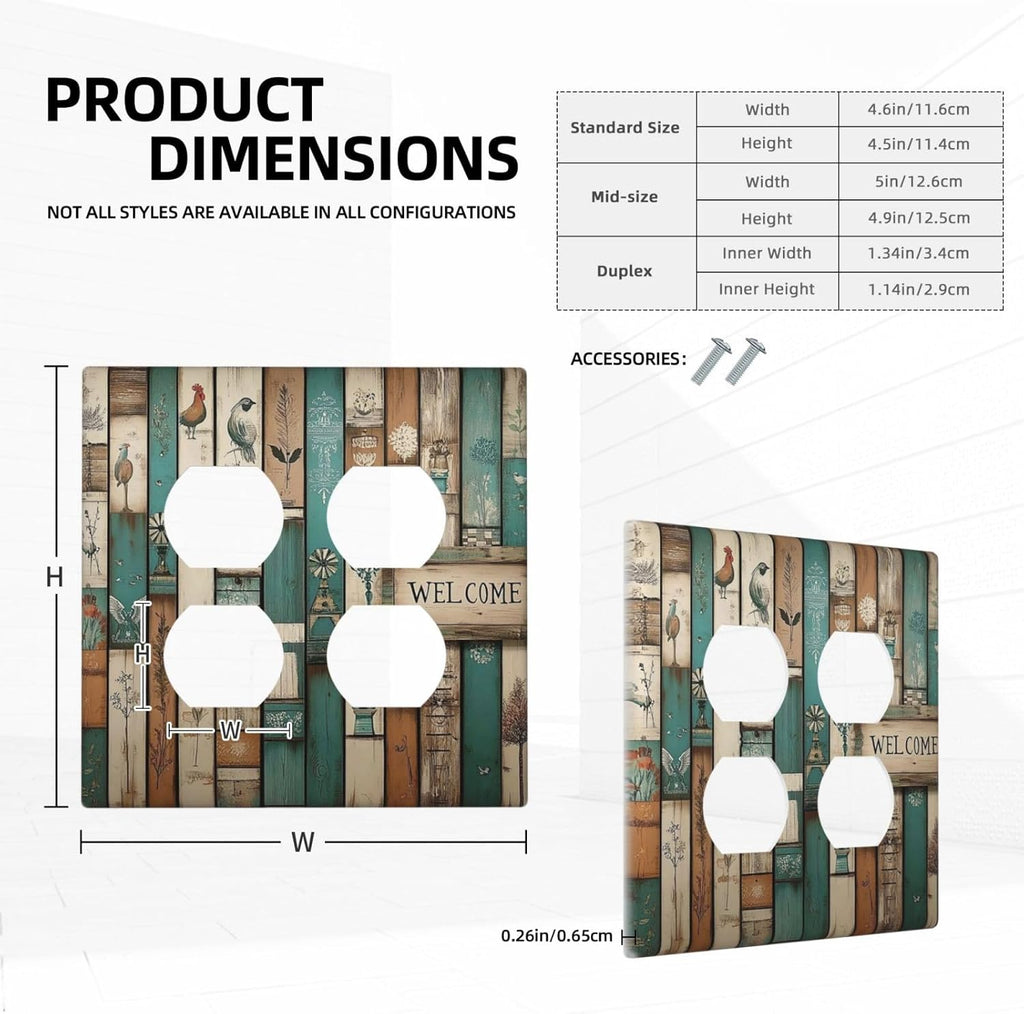 Outlet Covers Vintage Wood Brown Turquoise Splicing 2 Gang Double Duplex Decorative Light Switch Covers Electrical Wallplates Socket Faceplate For Farmhouse Cabin Decor