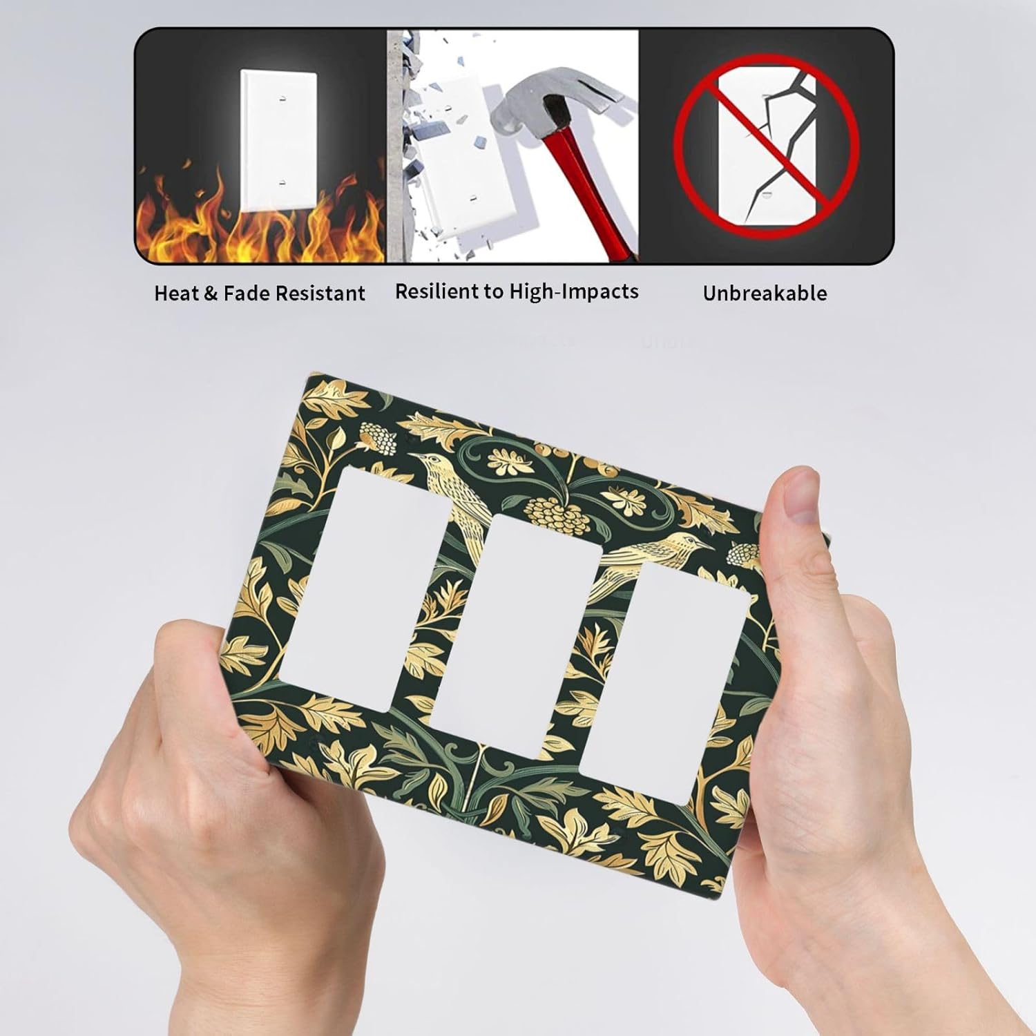 Light Switch Covers William Morris Vintage Botanical Birds Golden Green Leaves 3 Gang Rocker Electrical GFCI Decorative Triple Outlet Wall Plate Cover Switchplate for Bedroom Home Decor