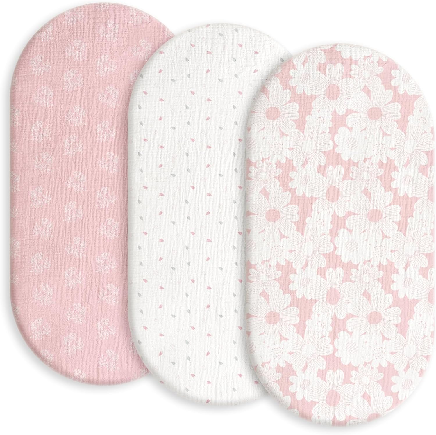 Gllquen Baby Muslin Bassinet Sheets 3 Pack, Breathable Elastic Cozy Fitted Cotton Bassinet Mattress Sheet for Baby Boy Girls, Fit for Hourglass Oval Rectangular Cradle Pad Sheets 33"x17" (Pink)