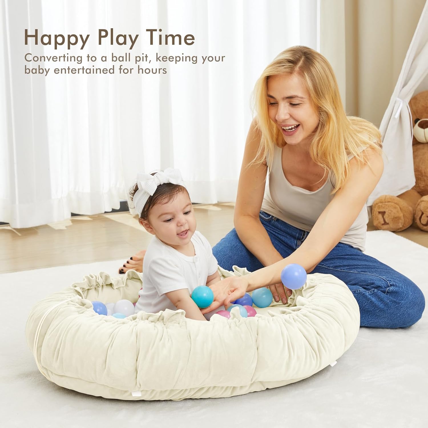 ANGELBLISS 5 in 1 Baby Play Gym Mat, Reversible Tummy Time Mat with 5 Sensory Toys for Stage-Based Developmental, Thick & Large Baby Activity Center from Newborn to Toddler (Beige)