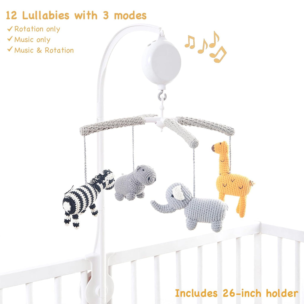 Joliecraft Woodland Safari Musical Baby Crib Mobile, Handmade Nursery Mobile Decor in White and Gray