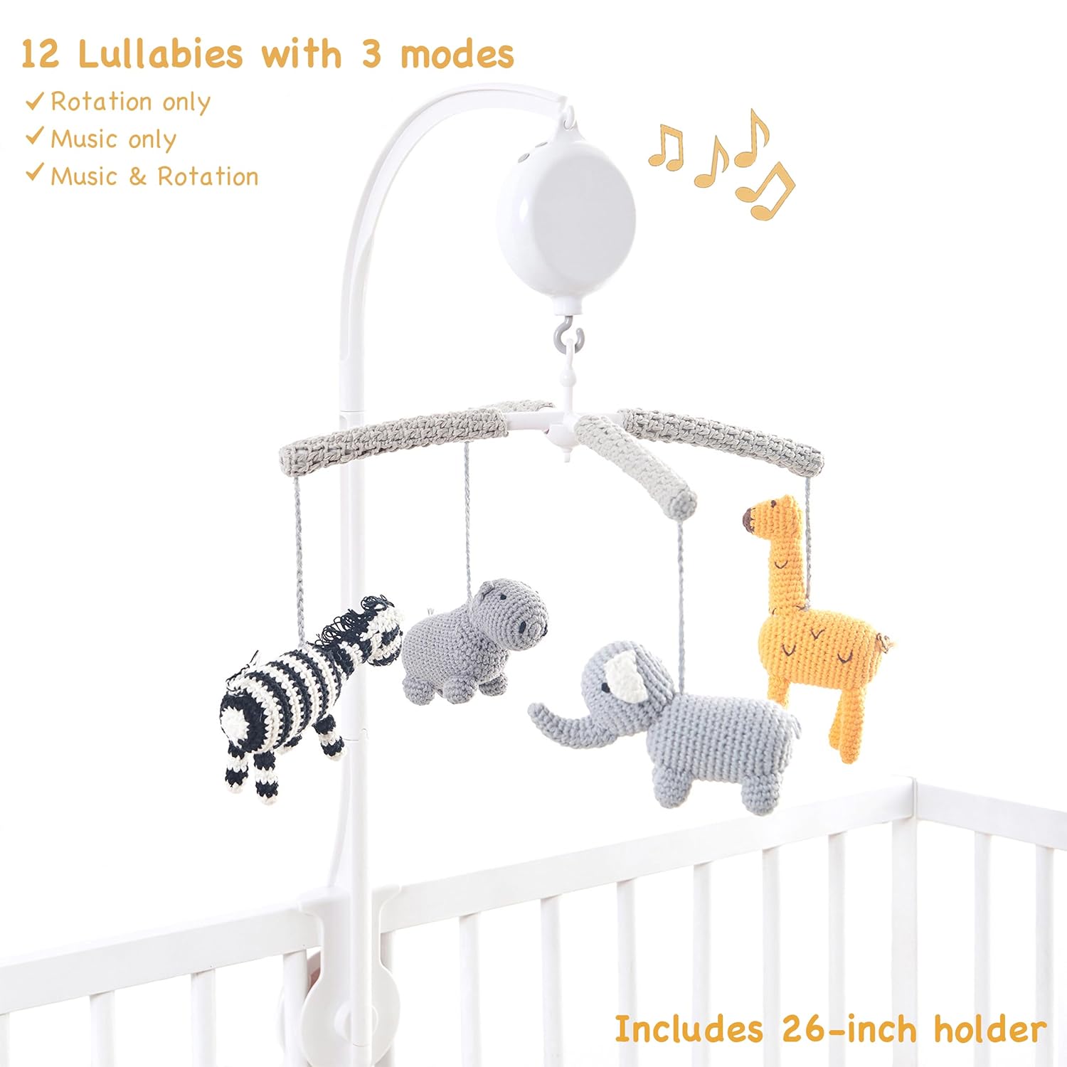 Joliecraft Woodland Safari Musical Baby Crib Mobile, Handmade Nursery Mobile Decor in White and Gray