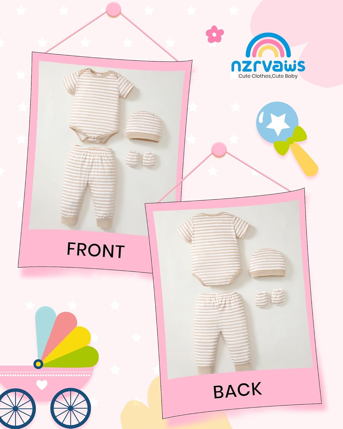 NZRVAWS Newborn Baby Boy Girl Clothes Unisex Infant Romper Pants Set Hat 4-Pack Outfits 0-12 Months 16 Pieces Toddler