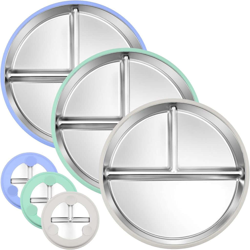 3-Pack Stainless Steel Baby Plates with Suction, BPA-Free Stainless Steel Kids Plates, 9” Divided Toddler Plate for Dishwasher Safe, Non-Slip Silicone Base, Detachable Design (Blue, Gray, Green)