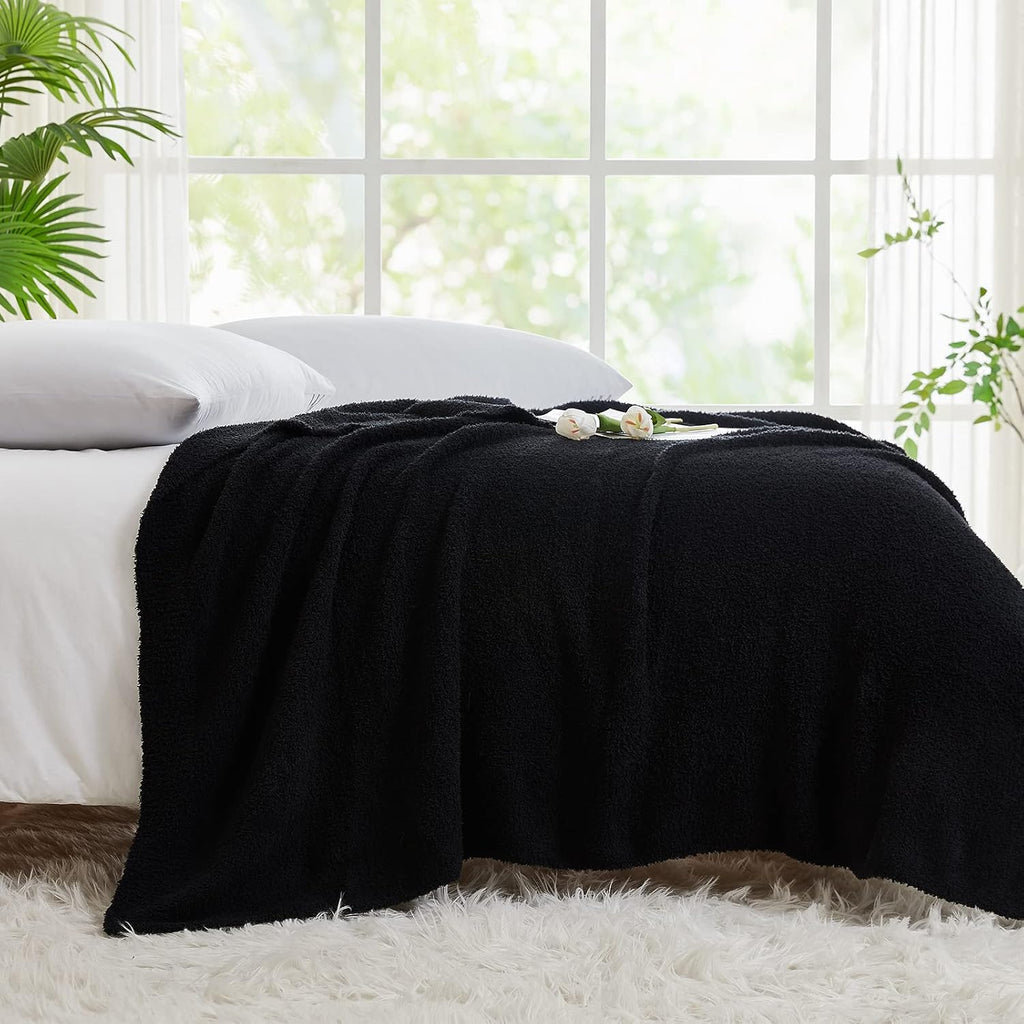 CYMULA Super Soft Knit Throw Blanket Twin Size Black-Lightweight Plush Fuzzy Fluffy Warm Cozy Blankets and Throws for Sofa Bed All Season Use, 60x80 inches