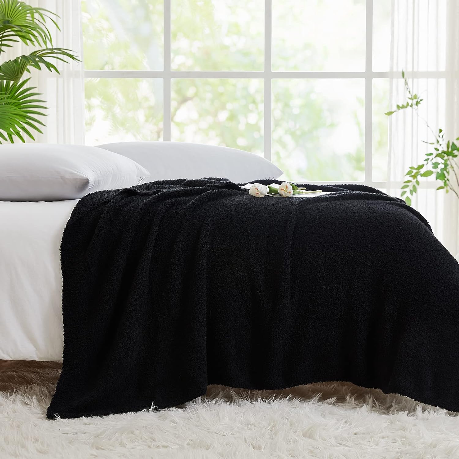 CYMULA Knit Throw Blanket for Couch Black-Super Soft Lightweight Plush Fuzzy Fluffy Cozy Blankets and Throws for Sofa Bed, 50x60 inches