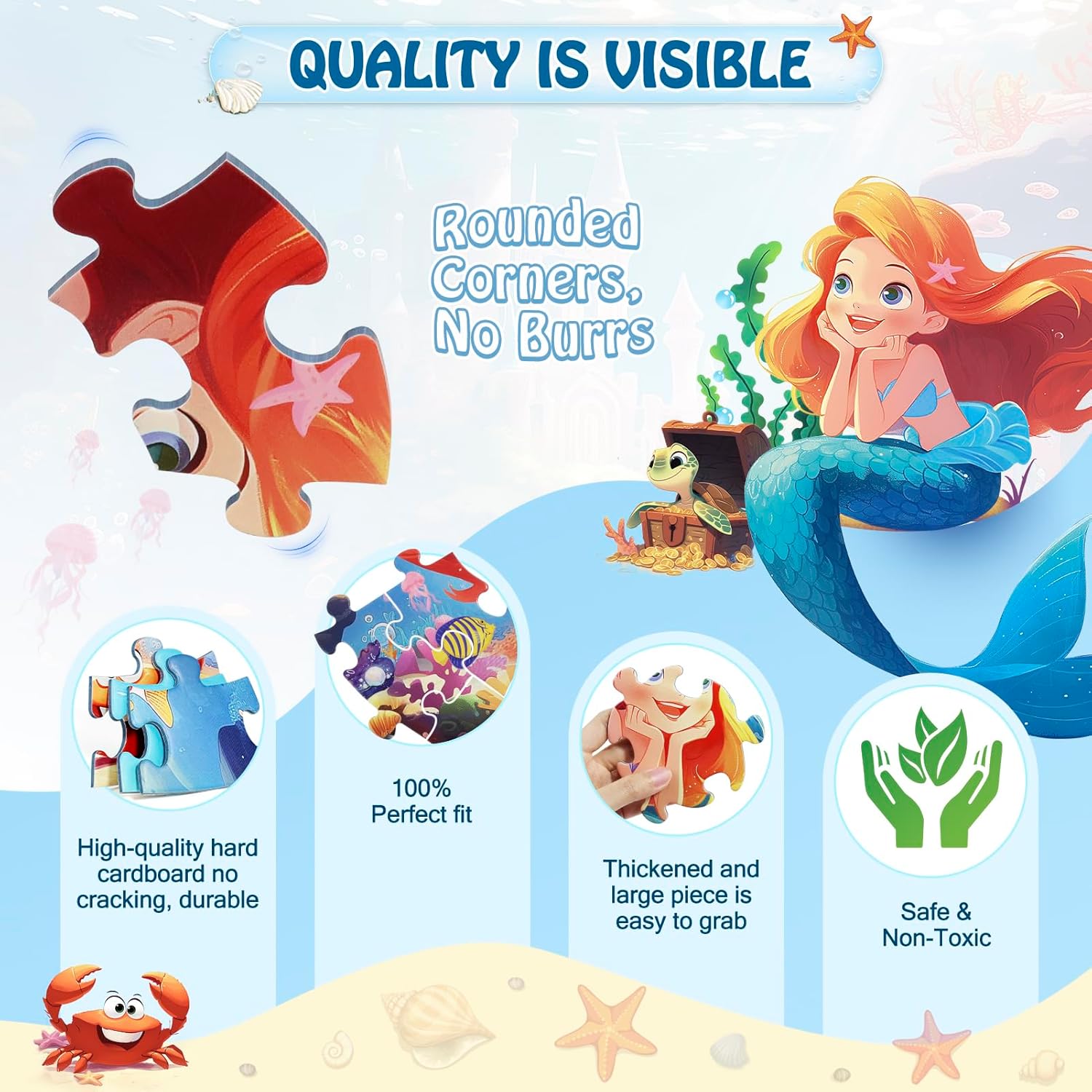 Floor Puzzles for Kids Ages 3-5, 70 Pieces Mermaid Jigsaw Puzzle for Toddler Girls Ages 3 4 5 6 7 8 Year Old, Large Round Underwater Princess Puzzle Educational Learning Toys Birthday Gift