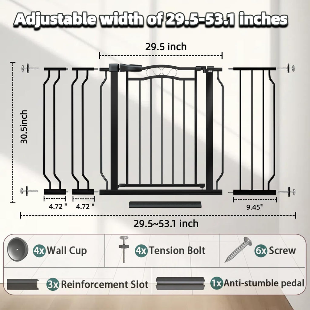 Baby Gate for Stairs 29.53"-53.1" Extra Wide, Pressure Mounted Dog Gate Indoor, Walk Thru Pet Gate for Cat Dog Child,Pet Gates for The House Doorway Black