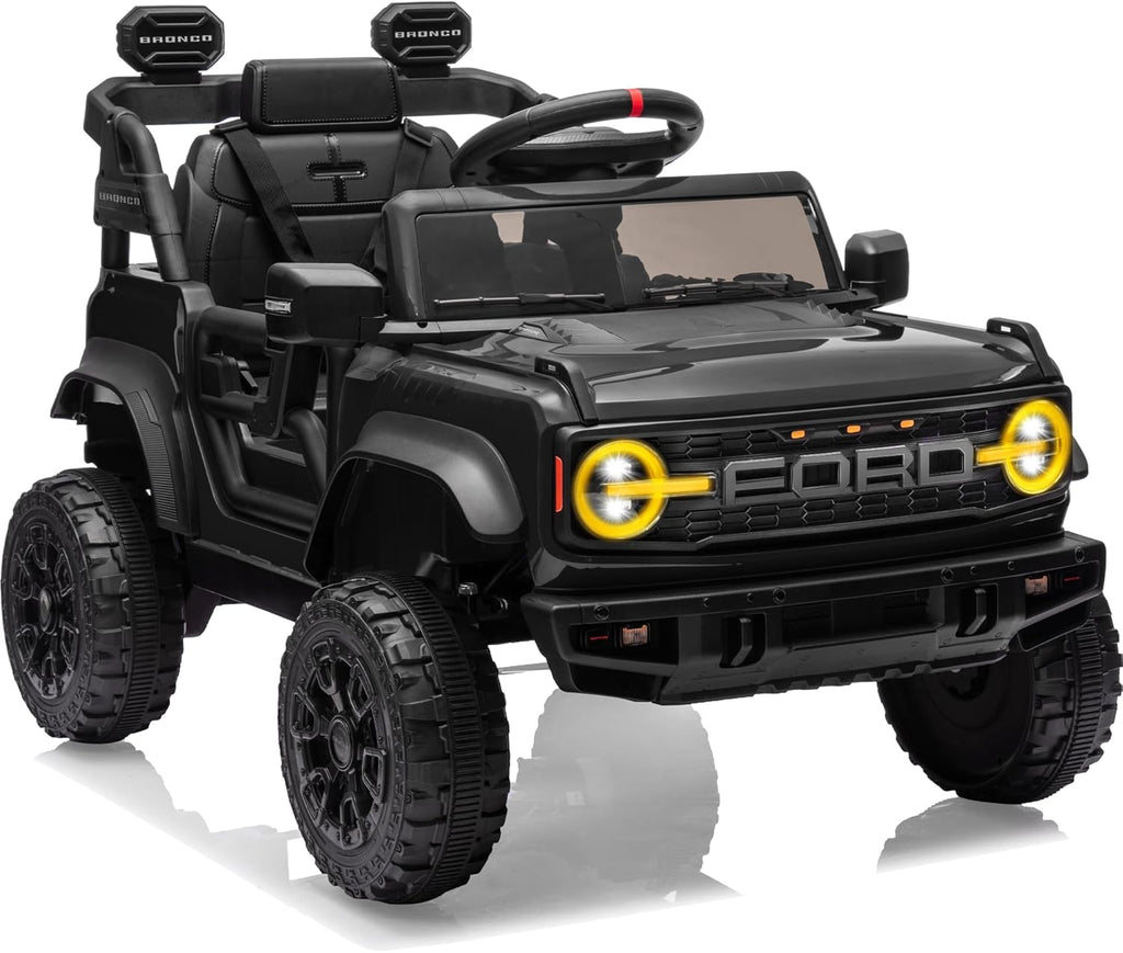 12V Ride on Toys for Kids, Licensed Ford Bronco Raptor Children Electric Vehicles, Toddler Battery Powered Car with Double Doors, 3 Point Safety Belt, Led Lights (12V, Black)