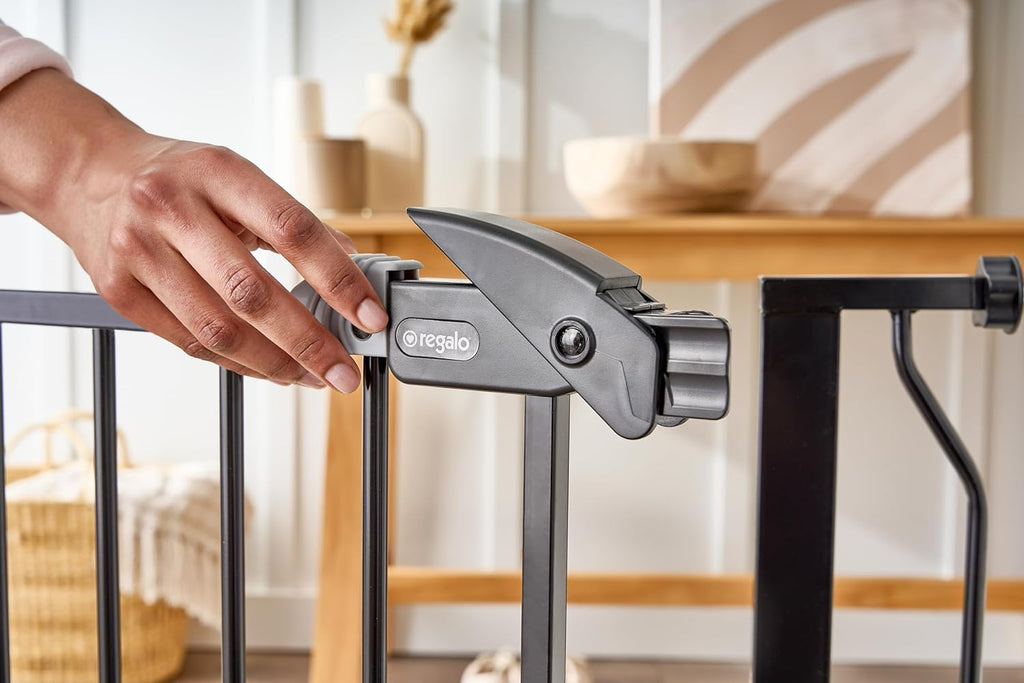 Regalo Easy Step 38.5-Inch Wide Walk Thru Baby Gate, Includes 6-Inch Extension Kit, Pressure Mount Kit, Wall Cups, Black