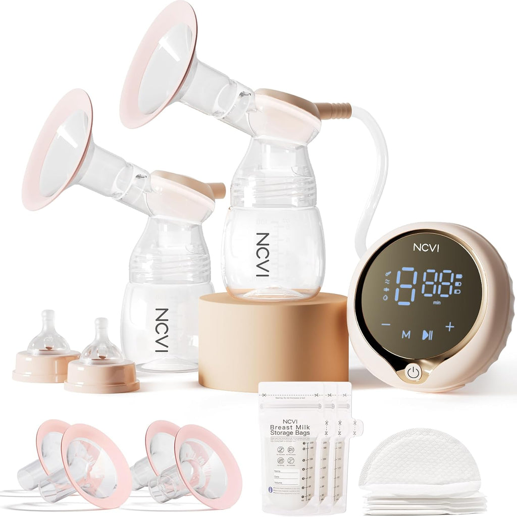 NCVI 8100 Double Electric Breast Pump Suitable for Large Nipples with 4 Modes|9 Levels, Anti-Backflow Milk Breastfeeding Pump with 24/28mm Silicone Flanges, Handheld Motor and LED Display, Ultra-Quiet