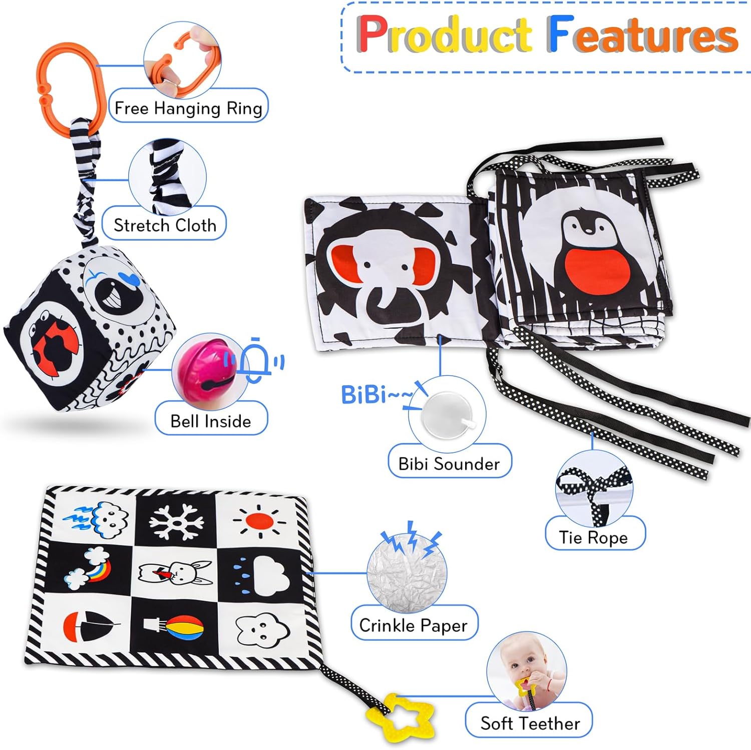 SAMMAS 3 Pcs Black and White High Contrast Baby Toys, 0-6 Months, Sensory Soft Book, Montessori Toys for Babies