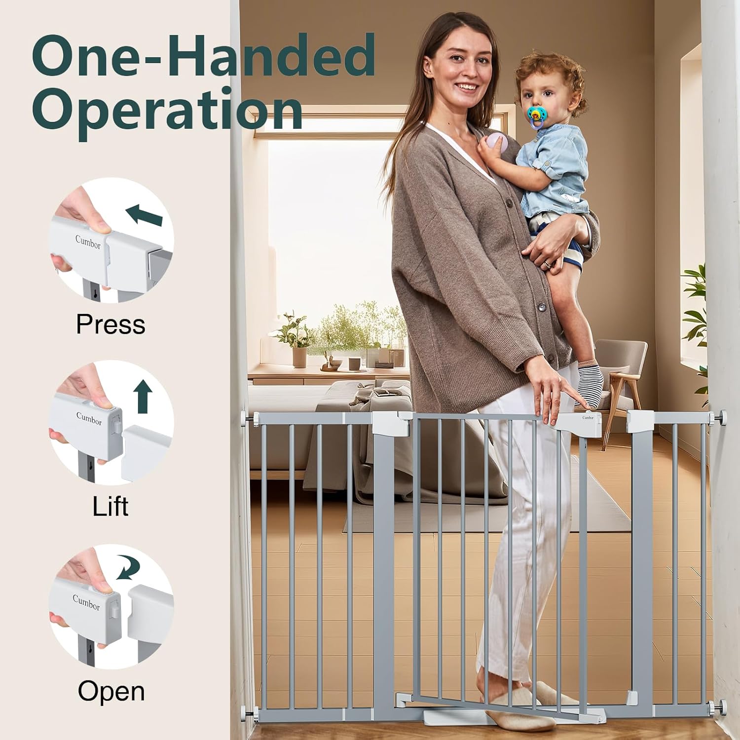 Cumbor 29.7-48" Baby Gate for Stairs, Mom's Choice Awards Winner-Dog Gates for Doorways, Auto Close Safety Pet Gate for Dogs Indoor, Easy Install Pressure Mounted Child Gate with Walk Thru Door, Gray