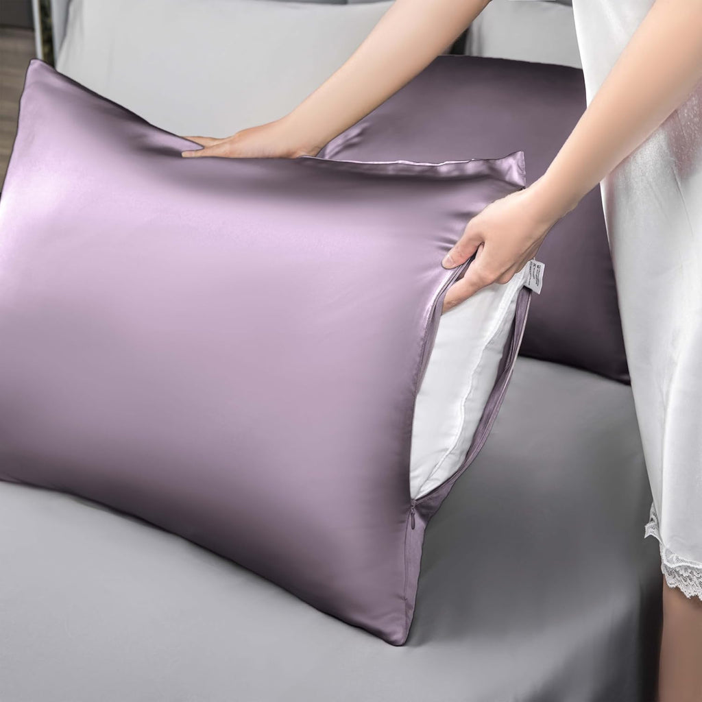 Mulberry Silk Pillowcase for Hair and Skin,Cooling Silk Pillow Case with Hidden Zipper,Allergen Proof Dual Sides Soft Breathable Smooth Silk Pillow Cover for Women (Pink Purple,Queen)
