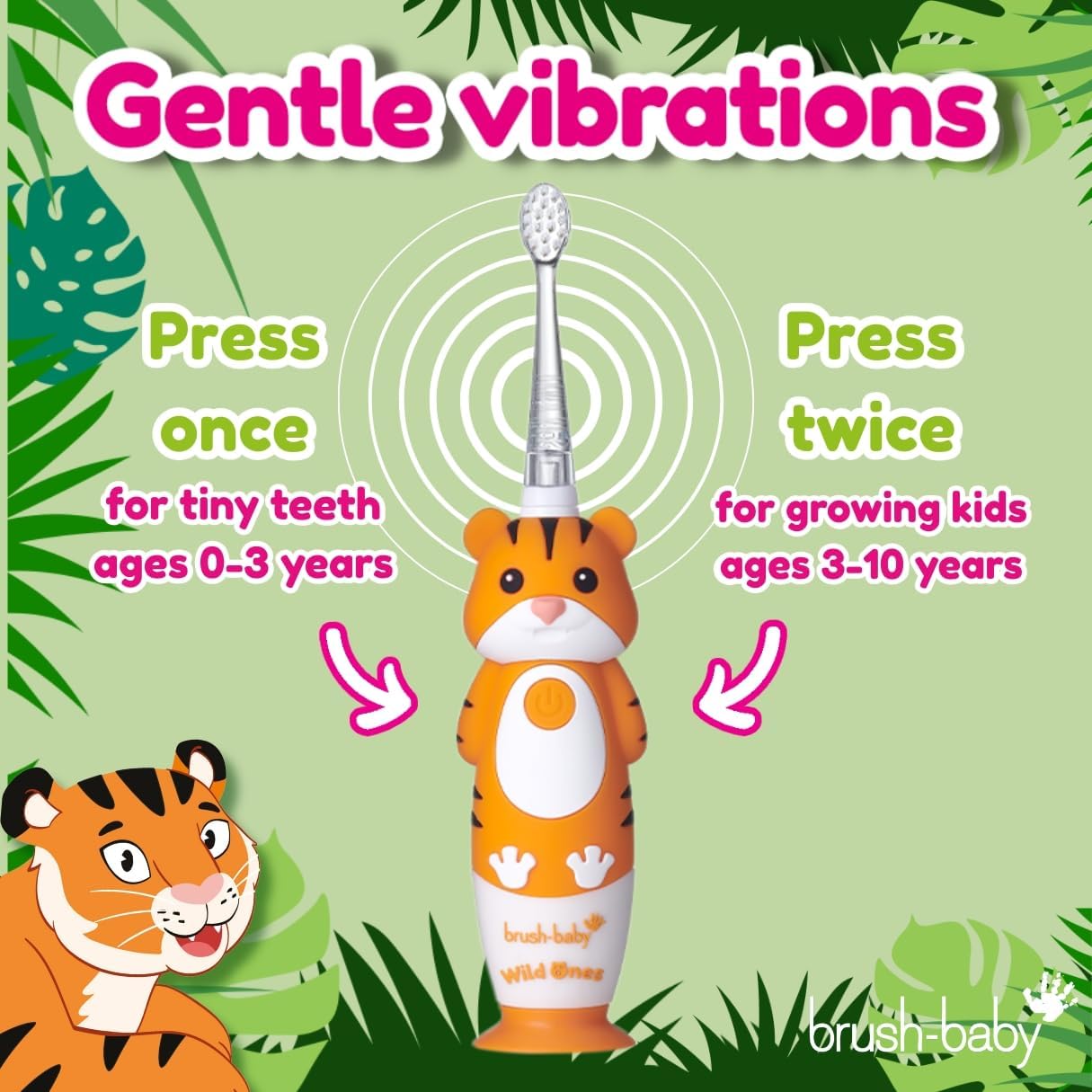 brush-baby WildOnes™ Rechargeable Kids Electric Toothbrush – Toby Tiger | Flashing Lights, 2-Min Timer, Waterproof, 3 Brush Heads | Toddler & Child Toothbrush Ages 0-10 | Soft Bristles