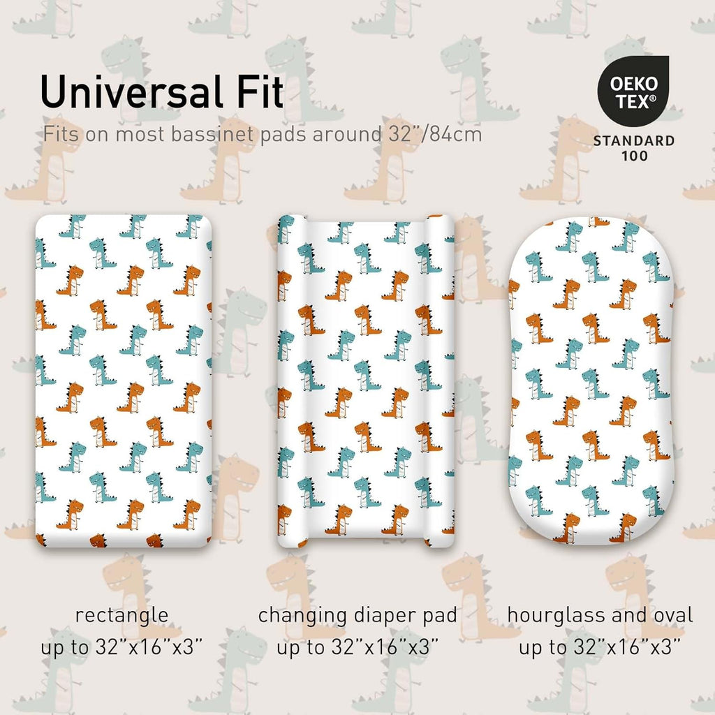 Gllquen Baby Bassinet Sheets 4 Pack, Breathable Cozy Fitted Mattress Sheet, Elastic Travel Crib Fashionable Floral Pattern, Standard Cradle Safe Sheets for Baby Boys Girls 32"x16"(Dinosaur)