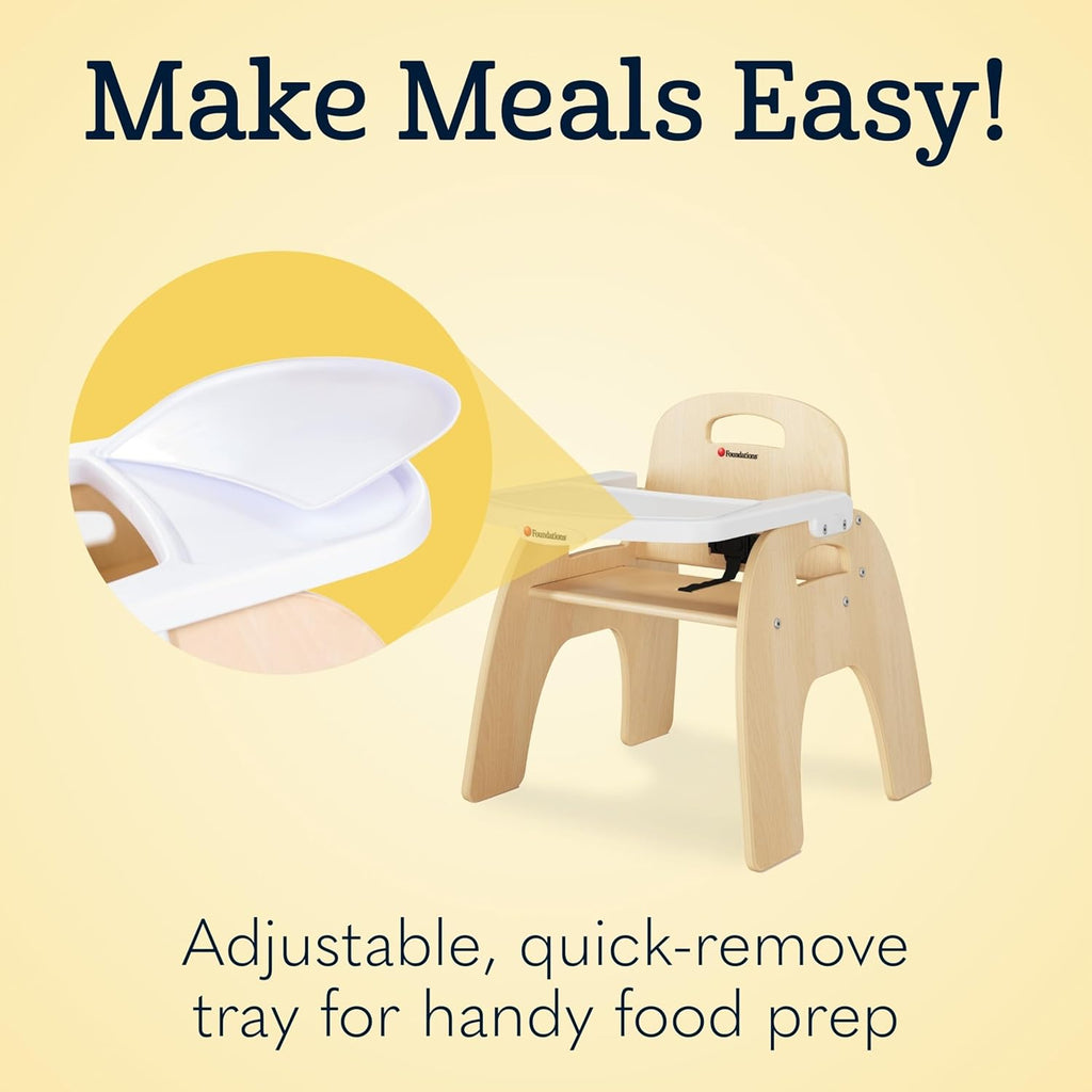 Foundations Easy Serve Low Wood Feeding Chairs Multipack, Adjustable Harness, Removable Dishwasher Safe Tray, No-Tip Base, Stackable Toddler Chairs, 2 Pack (9 inch)