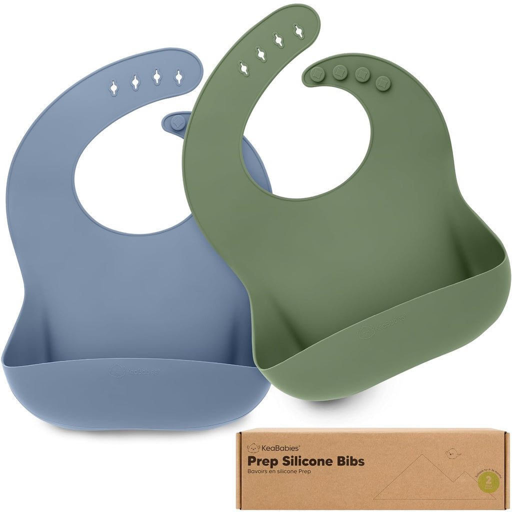 KeaBabies 2-Pack Silicone Baby Bibs for Eating - Sturdy Food-Grade Silicone Bibs for Babies Girl, Boy, Large Food Catcher, Clean & Put On Easily, Waterproof Toddler Feeding Essentials (Slate)