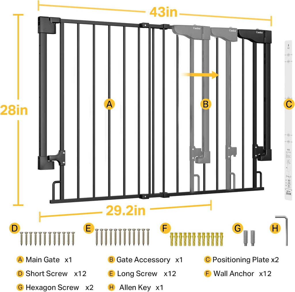 Cumbor 29.2-43" No Bottom Bar Baby Gate for Stairs, 2-in-1 Auto Close Dog Gate Indoor, Hardware Mounted Pet Gate for Doorways with Large Walk Thru Door, Child-Proof Safety Gate for Kids (Black)