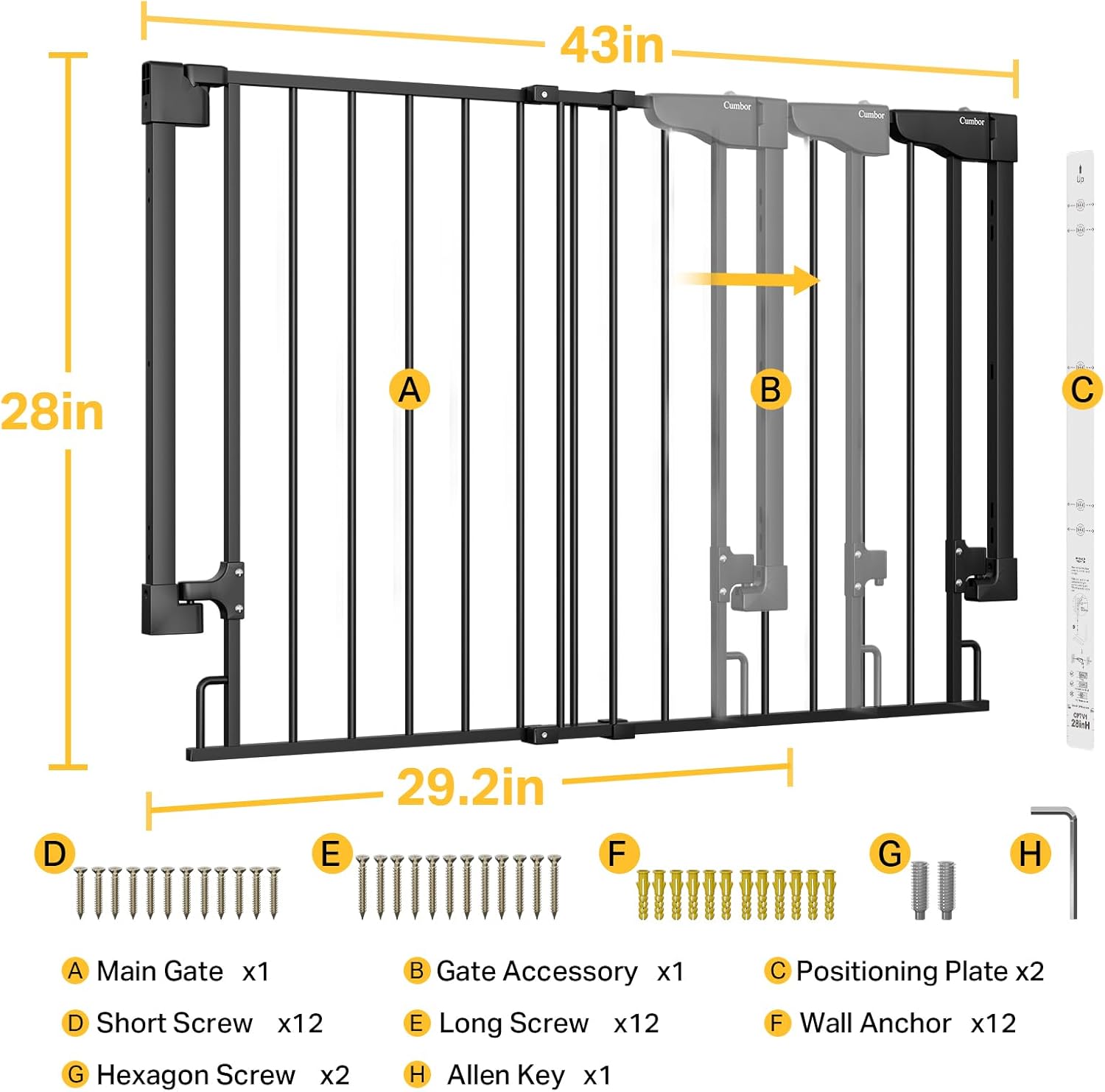 Cumbor 29.2-43" No Bottom Bar Baby Gate for Stairs, 2-in-1 Auto Close Dog Gate Indoor, Hardware Mounted Pet Gate for Doorways with Large Walk Thru Door, Child-Proof Safety Gate for Kids (Black)