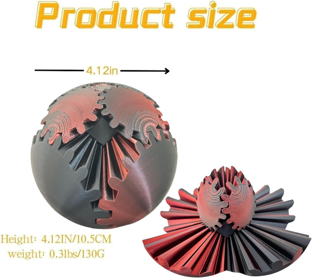 Gear Ball, 3D Printed Gear Ball Spin Ball Cube Fidget Toy, Gear Sphere, Gear Ball Fidget Toy, Stress Ball, GearSphere Desk Toy, Fidget Ball, Gear Toy for Anxiety Relaxing (Laser Dark Red)