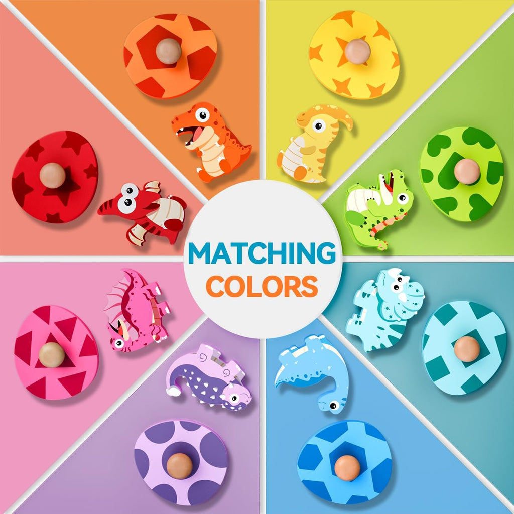 Dinosaur Wooden Puzzles for Toddlers 1-3, Montessori Toys for 1 2 Year Old Boy Birthday Gifts, Dinosaur Matching Eggs Peg Puzzles for Toddlers Age 2-4, Preschool Learning Activities for Girls