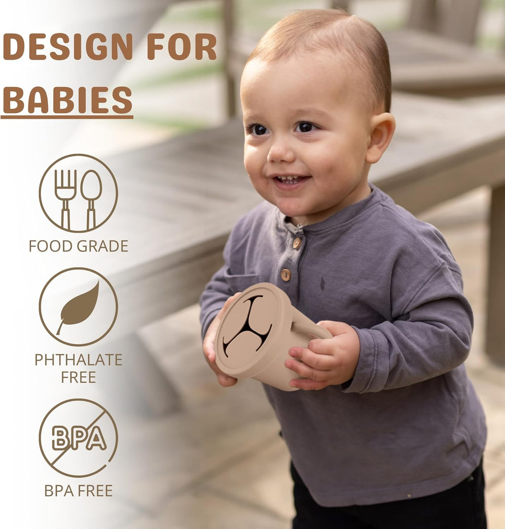 Snack Containers for Toddlers, Kids - 2 Pack Food Grade Silicone Snack Cups with Grip Handle (Natural/Sage)