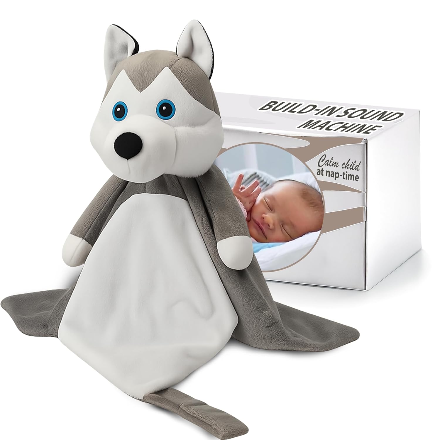 Love By Emi Baby Music Lovey Grey & White Husky, Baby Sleep Soother for Crib & Cuddle Bedtime, White Noise with Heartbeat & Lullaby, Plush Sound Toy, Stuffed Animal for Newborns, Infants & Toddlers