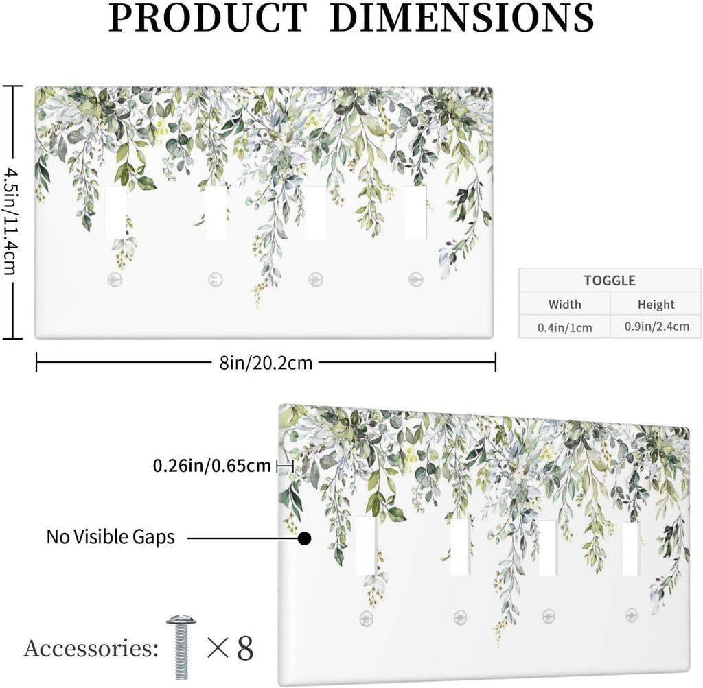 Light Switch Covers Boho Farmhouse Flower Leaf Sage Green Quad Toggle Electrical Faceplate 4 Gang Wall Plate Decorative Switch Plates for Bedroom Cabin Decor